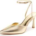 Miorap Closed Pointed Toe Kitten Slingback Heels for Women Ankle Strap Pumps Wedding Party Dressy Comfort Shoes Gold Size 7.5