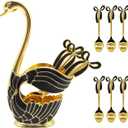 Flylin Coffee Spoon Holder Coffee Dessert Spoon Set Metal Swan Base Holder Spoon Organizer with 6pcs Ice Cream Spoons Teaspoons Coffee Dessert Flatware(Black)