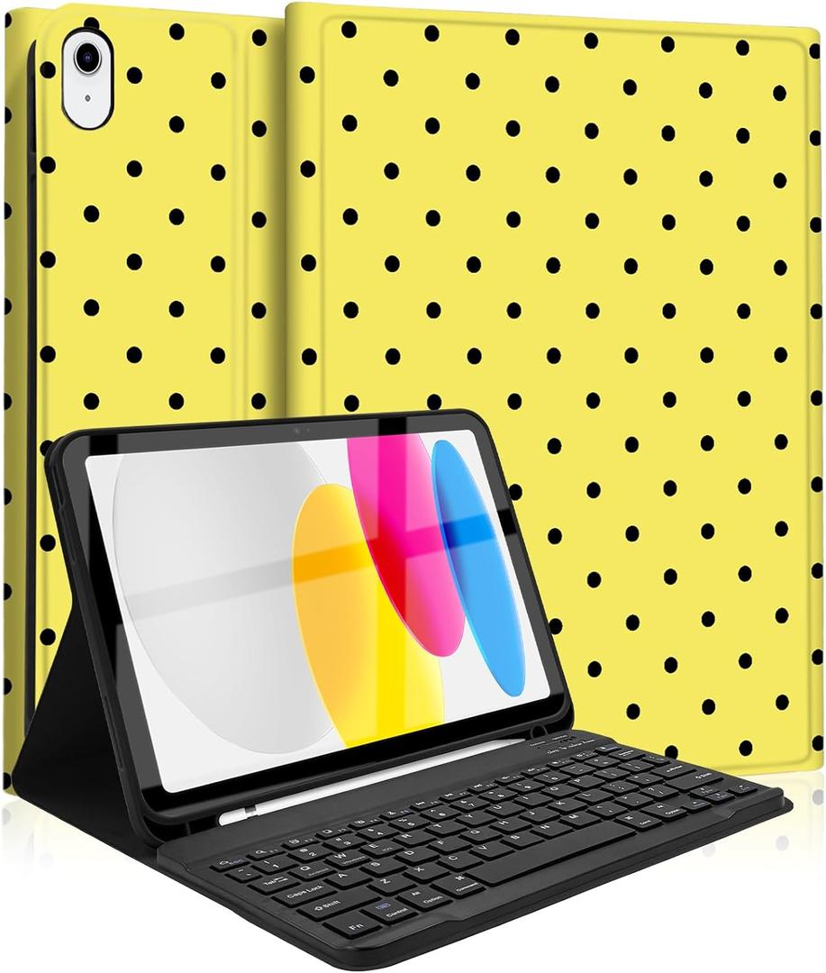 Keyboard Case for iPad 11th 10th Generation with Pencil Holder, Wireless Keyboard Cover for 11th A16 11-inch 2025, 10th Gen 10.9 Inch 2022, Polka Dot Yellow-Black