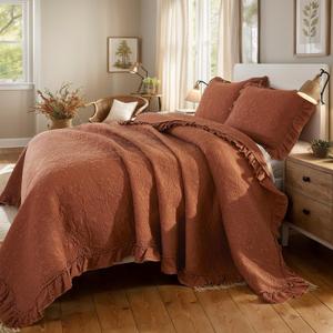 Brandream King Size Quilt Set Cotton Luxury Farmhouse Comforter Set Burnt Orange Matelasse Coverlet Set Ruffle Bedspread 3-Piece