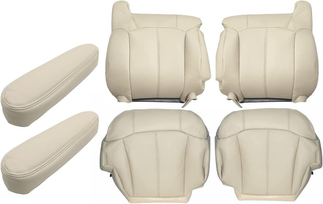 Priprilod Light Tan 522 or 922 Microfiber Leather Driver & Passenger Side Bottom & Top Lean Back & Armrest Covers Replacement Seat Covers Compatible with Chevy Tahoe Suburban 1999 2000 2001 2002