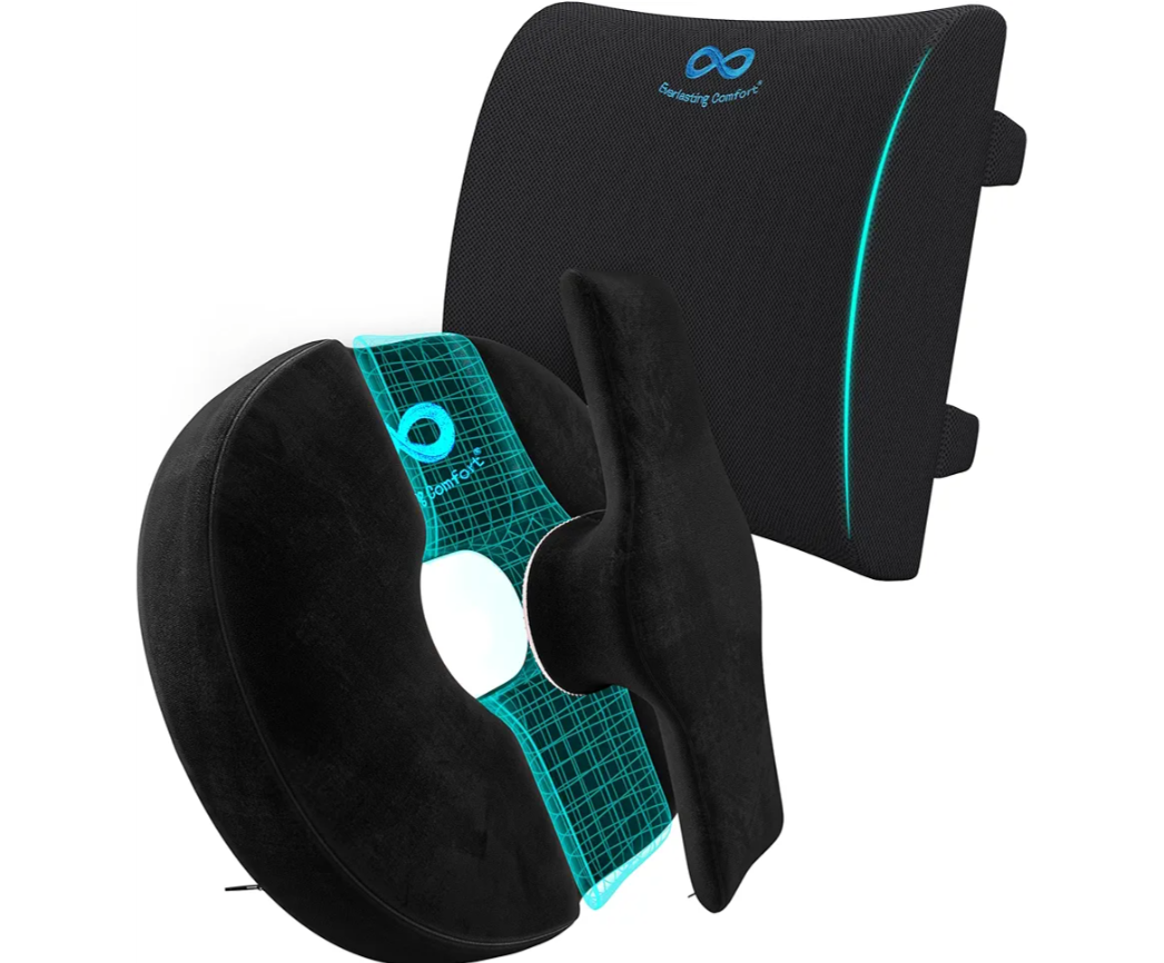 Everlasting Comfort Lumbar Support Pillow & Donut Cushion Bundle - Office Chair Back Support for Gaming, Car, Couch - 2-in-1 Hemorrhoid Cushion + Seat Cushion for Daily Sitting at Work, Home, Missing pcs