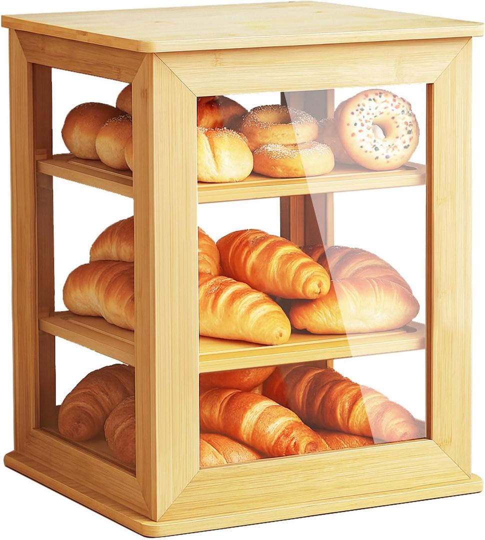 Bread Box,Pastry Display Case,Bread Holder for Kitchen Counter, Wooden Large Capacity Bread Storage Bin Breadbox Organizer for Kitchen Counter Corner (Raw wood)