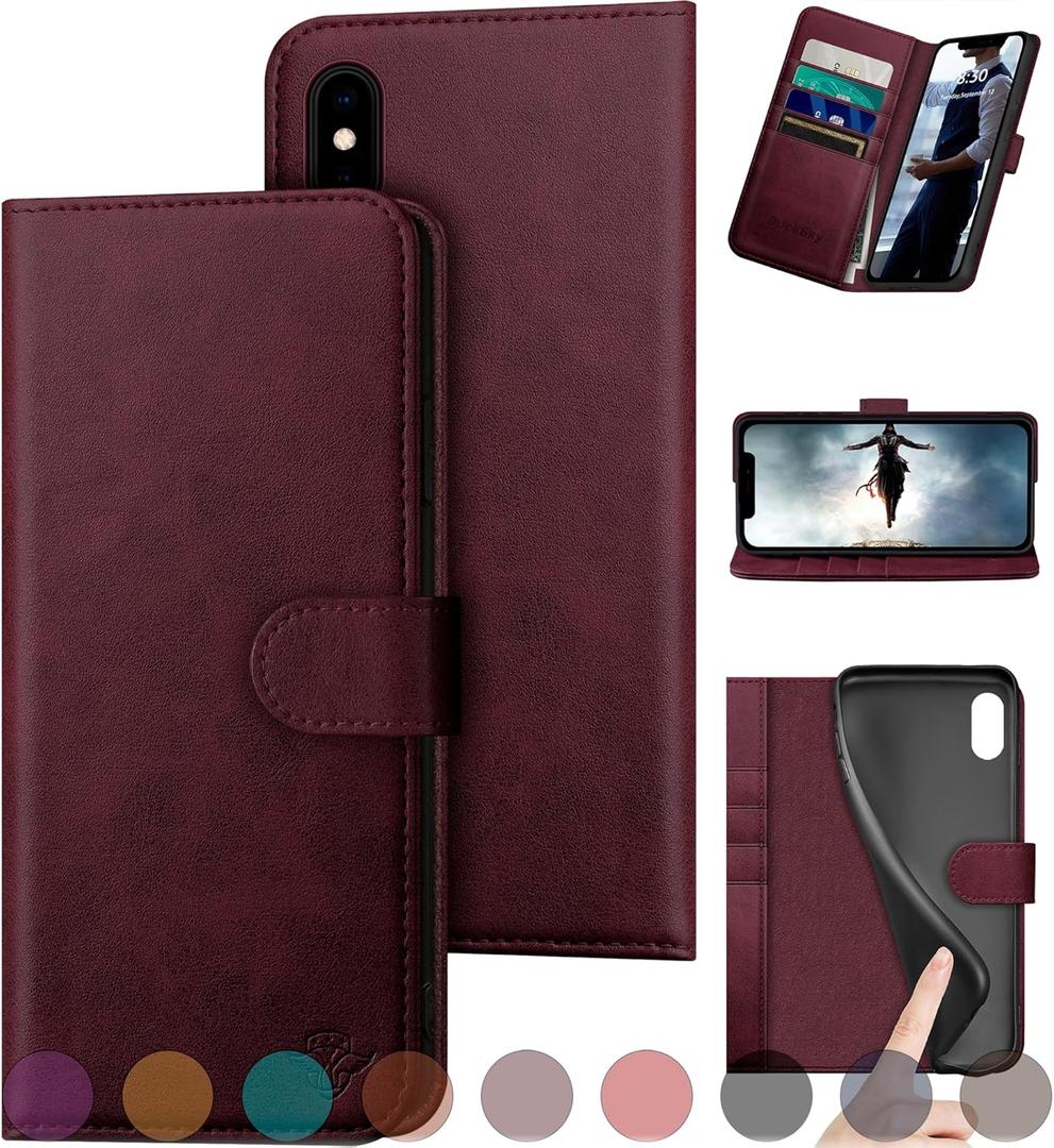 for iPhone X/XS Genuine Leather Wallet case RFID Blocking4 Credit Card HolderReal Leather Flip Folio Book Phone case Protective Cover Women Men for Apple XS case Wine Red