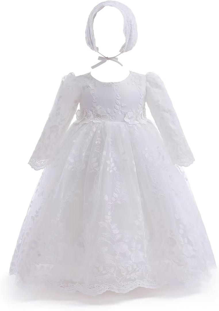 Baby Girl Christening Baptism Dress Long Blessing Gowns White Formal Wedding Dresses for Newborn (9-12 Months)