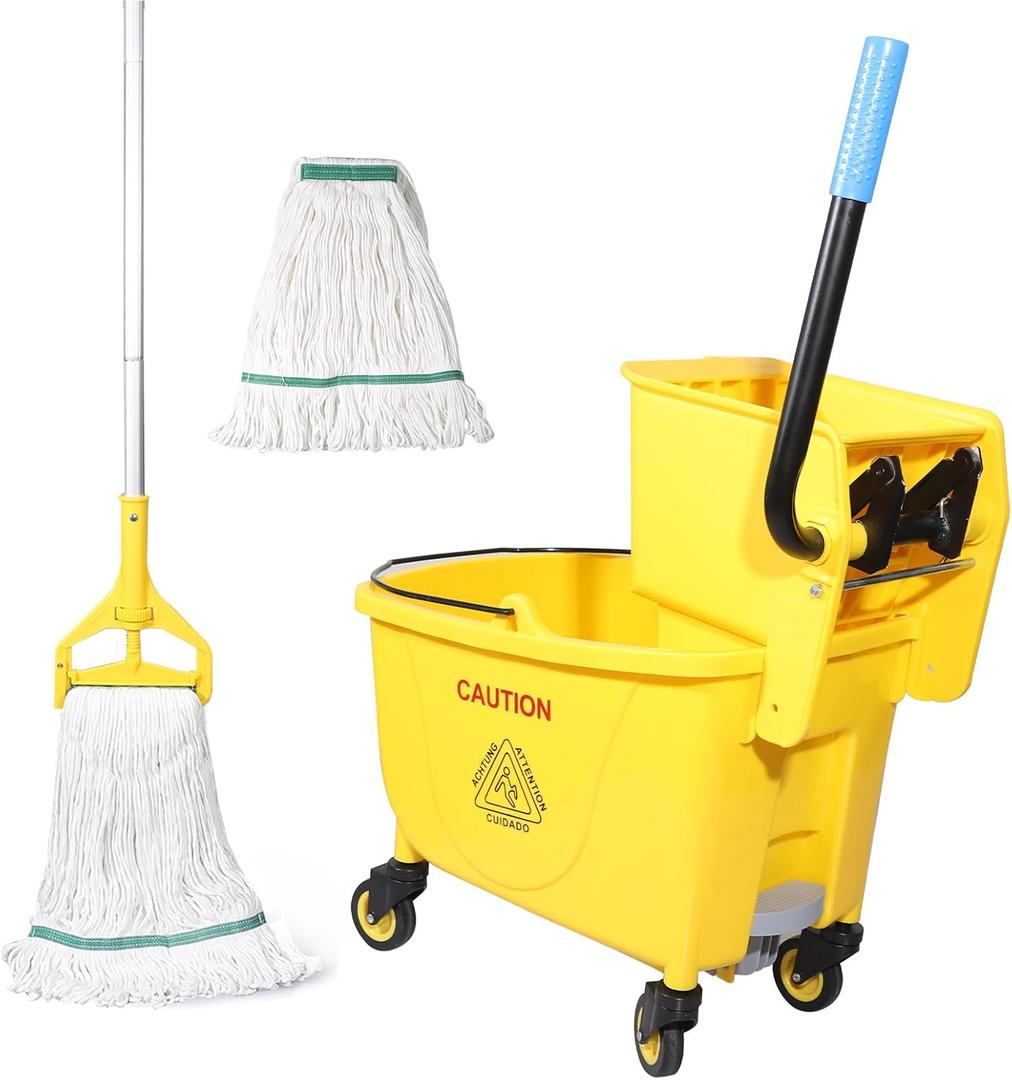 Side Press Wringer Combo Commercial Floor Cleaning Rectangular Mop Bucket on Wheels, 35-Qt, Yellow,Add One Mop and One Mop Head Replacement
