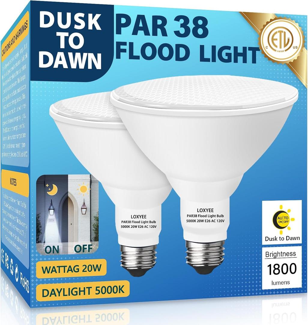 4 Pack LED PAR38 Dusk to Dawn Flood Light Bulbs Outdoor ，20W(200W Equivalent) E26 Base Flood Light Bulbs,5000K Daylight 1800 Lumens LED Flood Light for Outdoor Garden,Garage,Yards