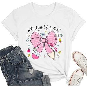 100 Days of School Shirt for Women-Happy 100th Days T-Shirt-Bow Pencil Teacher Top Tee Back to School Teaching Life Tee, XXL, White