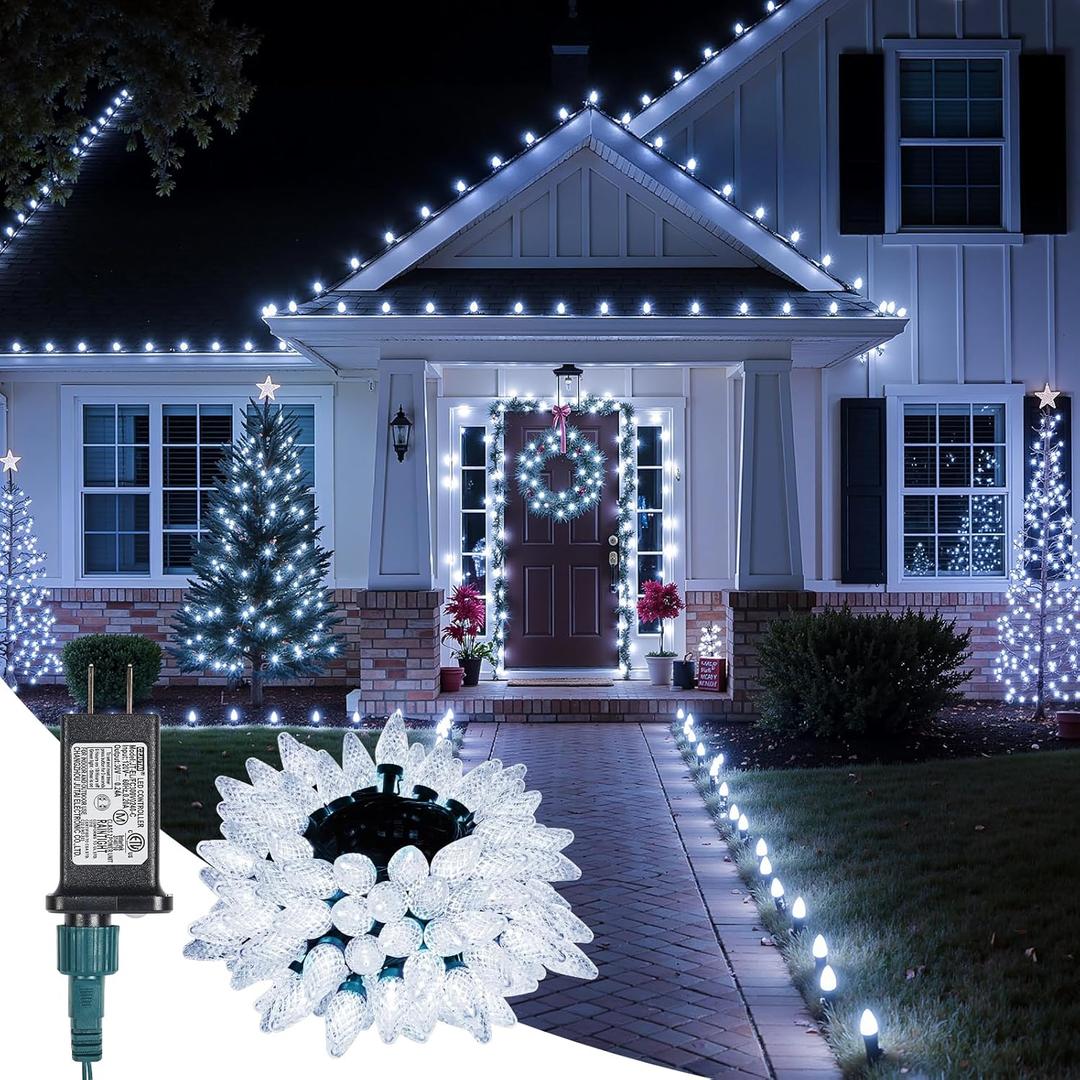 Minetom C9 Christmas Lights Outdoor, 85FT 110LED String Lights with 8 Lighting Mode, Waterproof Connectable UL Certified Pure White C9 Christmas Decorations for Indoor Outdoor Patio Roofline Decor
