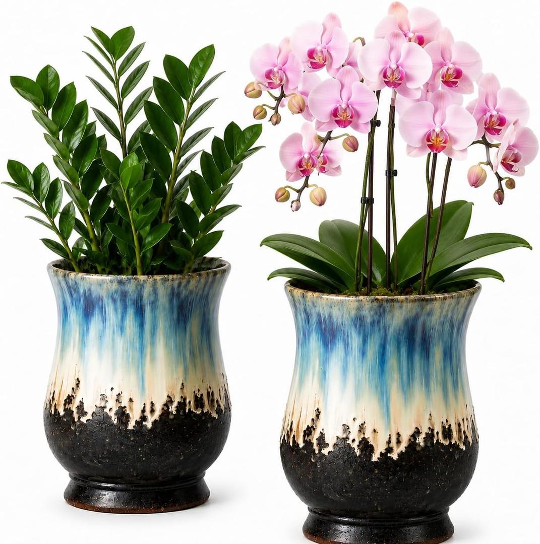 Set of 2 10 Inch Ceramic Plant Pots with Drainage Hole, Handmade Terracotta Planter Vases, Reactive Blue Glaze Flower Pots for Indoor Outdoor Plants, Decorative Garden Pots Gift, Set of 2, 9.8 Inch Each
