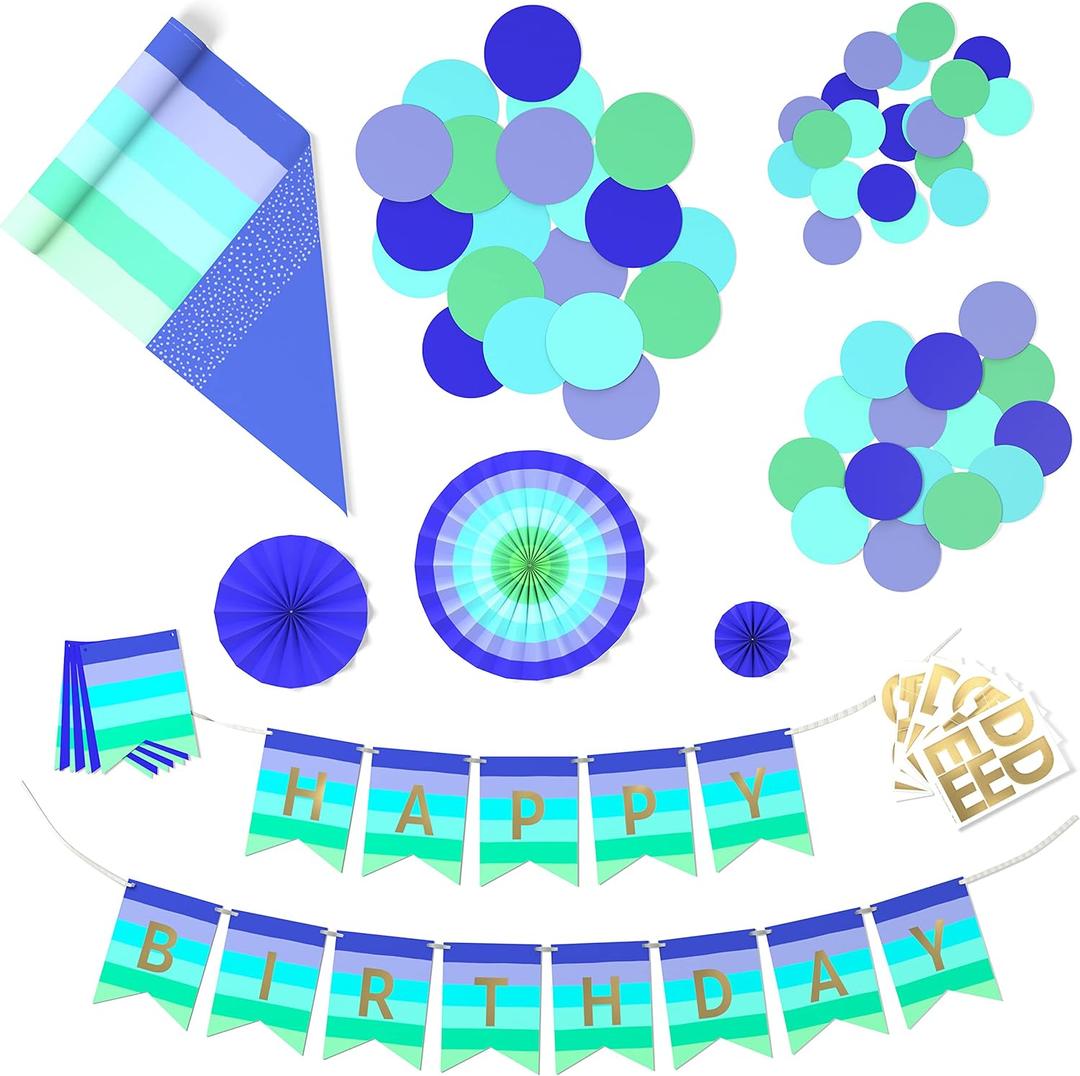 4 x Crayola Color Pop Party Decorations Set - Blue, Purple, Teal, Green (Customizable Banner, Reversible Table Runner, Paper Fan Flowers, Paper Dots) for Birthdays, Holidays, Celebrations