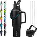 BJPKPK Insulated Water Bottles with Straw Lid, 40oz Metal Water Bottle with 2 lids & Paracord Strap, Double Wall Stainless Steel Tumbler with Handle, Reusable Cups, Mugs, Thermo, Black
