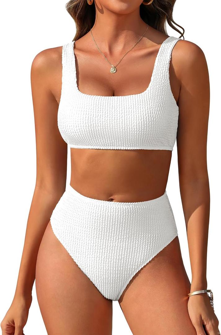 ANRABESS Women Two Piece Bikini Sets High Waist Square Neck Swimsuits Ribbed Textured Comfy Bathing SuitsBeach Swim Wear (White, M)