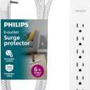 Philips 6 Outlet Power Strip Surge Protector, 6 Ft Power Cord, Designer Braided Extension Cord, Flat Plug, Perfect for Office or Home Décor, 1080 Joules, White,