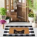 Welcome Door Mat Combo Set, 28" x 43" Black and White Plaid Mat +17" x 30" Cat Welcome Mat, 2 PCS Doormat Set for Front Door, Entrance, Porch Decor, Non-Slip