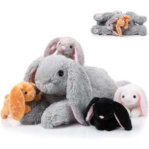 Sratte 5 Pcs Easter Bunny Stuffed Animal Set Large Mommy Bunny Plush with 4 Cute Stuffed Baby Rabbit in Her Belly Soft Cuddly Rabbit Plush Gift for Birthday Baby Shower Party Favor (Gray, Lying Style)