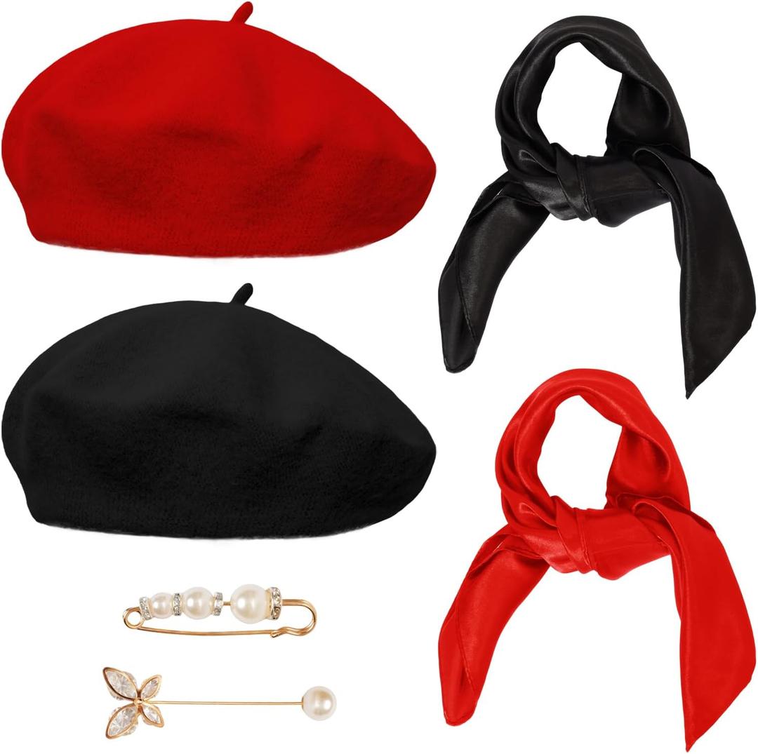 6 PCS Beret Hat Solid Color French Beret Cap with Silky Scarf Brooch Pins for Women (One Size, Multi)