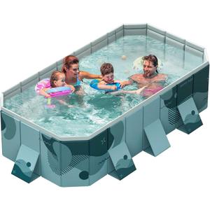 Foldable Swimming Pool Non-Inflatable Swimming Pool for Family Adults Hard Plastic Shell Collapsible Rectangle Pool for Outside Backyard Portable Pet Dog Pool (Lake Blue, 295cm)