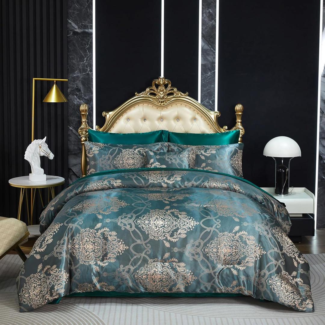 Green Jacquard King Comforter Set Sheet Set Elegant Bedding Set 8 Pcs Embroidery Neoclassical Floral Pattern Bed Home Decor Soft Down Comforter Luxury Hotel Silky Bed in a Bag with 1 Cushion Cover