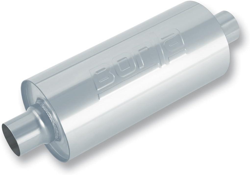 BORLA 400436 Specialty Muffler - Heavy Duty (Truck) - 3" Center Inlet/ 3" Center Outlet 6.75" Round x 24" Long Body 29" Overall Length. Universal. Reversible. Un-Notched Necks.