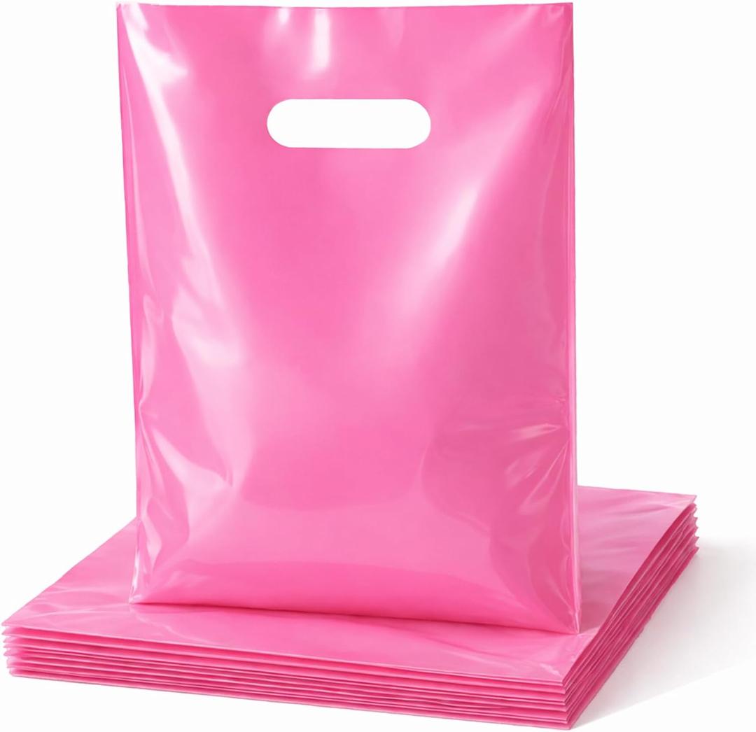 100PCS Pink Plastic Bags with Handles 9x12 Small Shopping Bags for Small Business,Retail,Merchandise, Crafts & Market Use