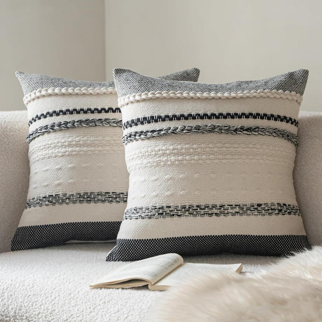 Cethom Boho Throw Pillow Covers 20x20 Inch Set of 2, Black Textured Decorative Couch Pillow Cases for Farmhouse Home Decor, Accent Cushion Cover for Sofa, Bed, Living Room, Bedroom