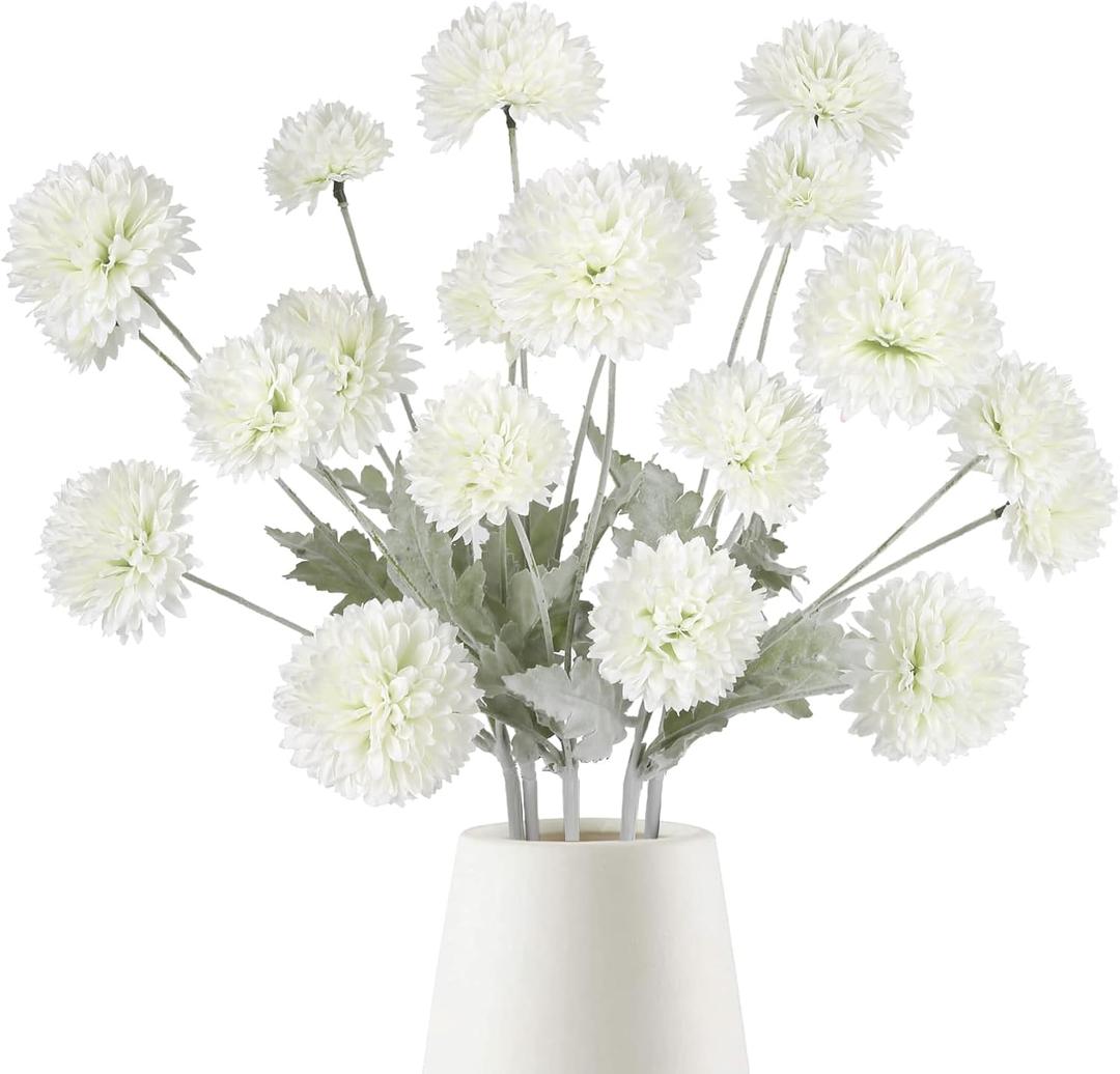 Faux Kiku Flower White 5 Bundles 20 Heads 23.62" Pompon Mum Artificial Flower Silk Chrysanthemum with Stems Fake Pom Balls for Home Room Decor Wedding Centerpieces DIY Arrangements (White)