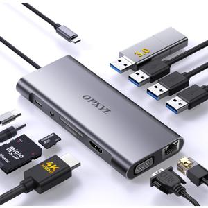 OPXYL 11-in-1 USB C Hub Multiport Adapter, USB C Docking Station with 4K HDMI, VGA 1080P, 100W PD, Ethernet, SD/TF, Audio, USB 3.0 Port, Laptop Dock for MacBook Pro/Air, iPad, Windows
