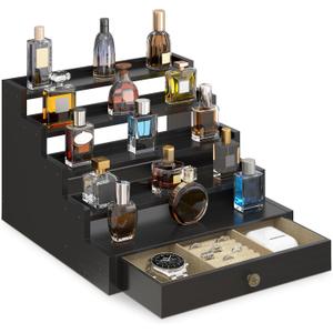 EsLuker.ly Perfume Organizer Cologne Holder Stand for Men, Wooden Cologne Display Shelf for Dresser Countertop, 5 Tier Large Capacity Storage Rack with Drawer, Keep Fragrance Neat & Accessible (Black, 5 Tier)