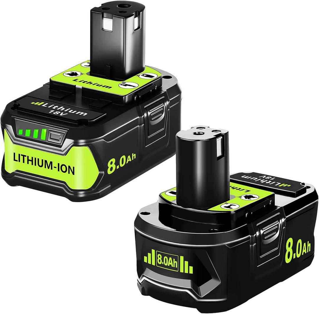 Replacement for Ryobi 18V Battery: 18V 8.0Ah High Capacity Lithium-ion Compatible with Ryobi P108 P107 P109 Cordless Power Tools with LED Light 2 Pack