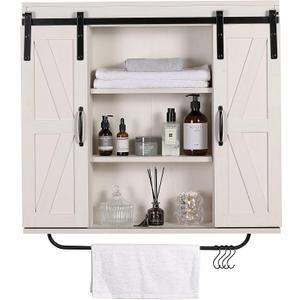 RUSTOWN Rustic Wood Wall Storage Cabinet with Two Sliding Barn Door, 3-Tier Decorative Farmhouse Vintage Cabinet for Kitchen Dining, Bathroom, Living Room, Vintage White