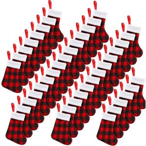 BBTO 36 Pieces Plush Cuff Christmas Mini Stockings 7 Inch Buffalo Plaid Hanging Stockings Xmas Candy Holder Tableware Holders (Red and Black)