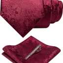 JEMYGINS Floral Necktie and Pocket Square Tie Clip Sets for Men (Burgundy)