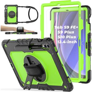 Case for Samsung Galaxy Tab S10 Plus/ S9 FE Plus/ S9 Plus 5G Tablet 12.4'', Shockproof Protective Cover with [Tempered Glass Screen Protector], Stand, Shoulder Strap & S Pen Holder (Green)