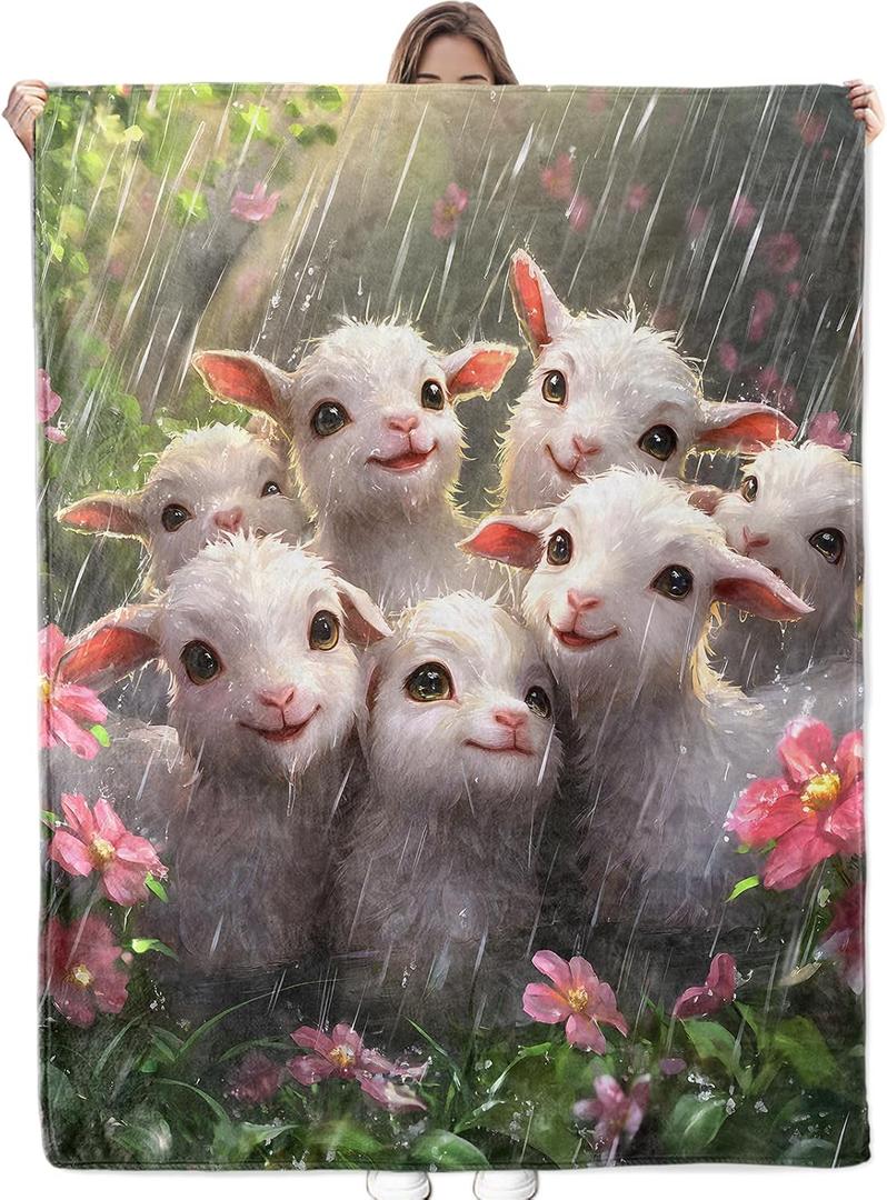 Adorable Goat Blanket Soft Cozy Flannel Throw Blanket, Warm Yet Lightweight Goats and Flowers Rainy Day Blankets for Travel, Couch, Bed, for Adults Women Men, Fuzzy Outdoor Comfort Wrap 60"50", 60x50 Inch