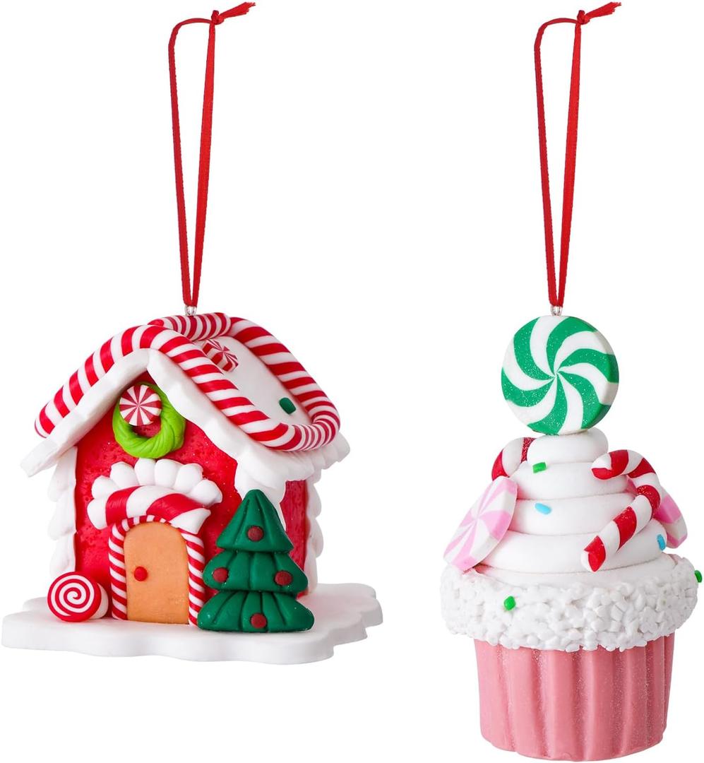 Set of 2 Christmas Tree Decorations, 3D Candy House & Ice Cream Christmas Ornaments, Claydough Xmas Hanging Decor for New Year Party Wedding Home
