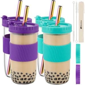 Reusable Glass Mason Jars Cups with Lids and Straws Silicone Sleeves, 4 Pack 24Oz Wide Mouth Smoothie Cups Glass Bubble Tea Cup, Leakproof drinking glasses Water Bottle Travel Tumbler for Large Pearl (Mint Green & Dark Purple)