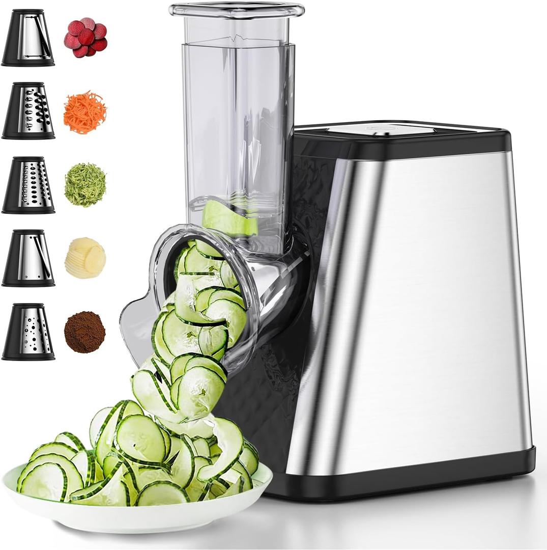 Electric Cheese Grater - 5in1 Cheese Shredder With Container for Kitchen.Upgraded Electric Vegetable Chopper for Block Cheese,Salads and Fried Potatoes (Black)