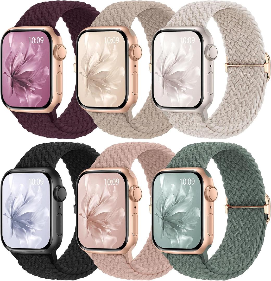 5Pack Braided Stretchy Bands Compatible with Apple Watch Band 38mm 40mm 41mm 42mm  Women Men, Adjustable Nylon Solo Loop Elastic Straps for iWatch Series 11 10 9 8 7 6 5 4 SE Ultra (Starlight/Cactus/Nude Pink/Milk Tea/Dark Cherry/Black)