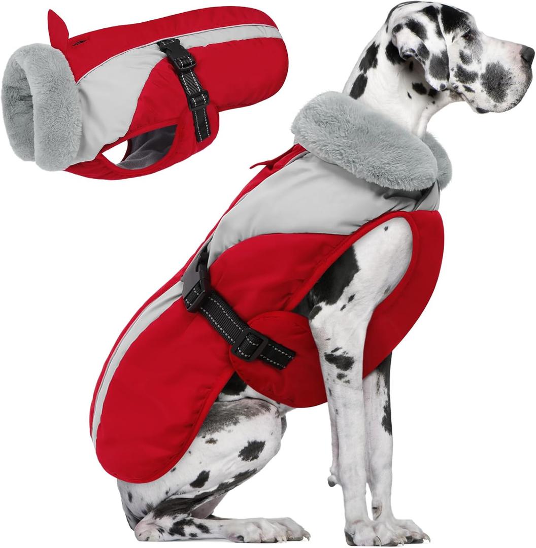 Queenmore Dog Winter Jacket, Coat for Large/Extra Large Dogs, Extra Warm Padding Fleece Puffer Coat Waterproof Parka Jacket for Great Dane Doberman, Red/Grey XXXL