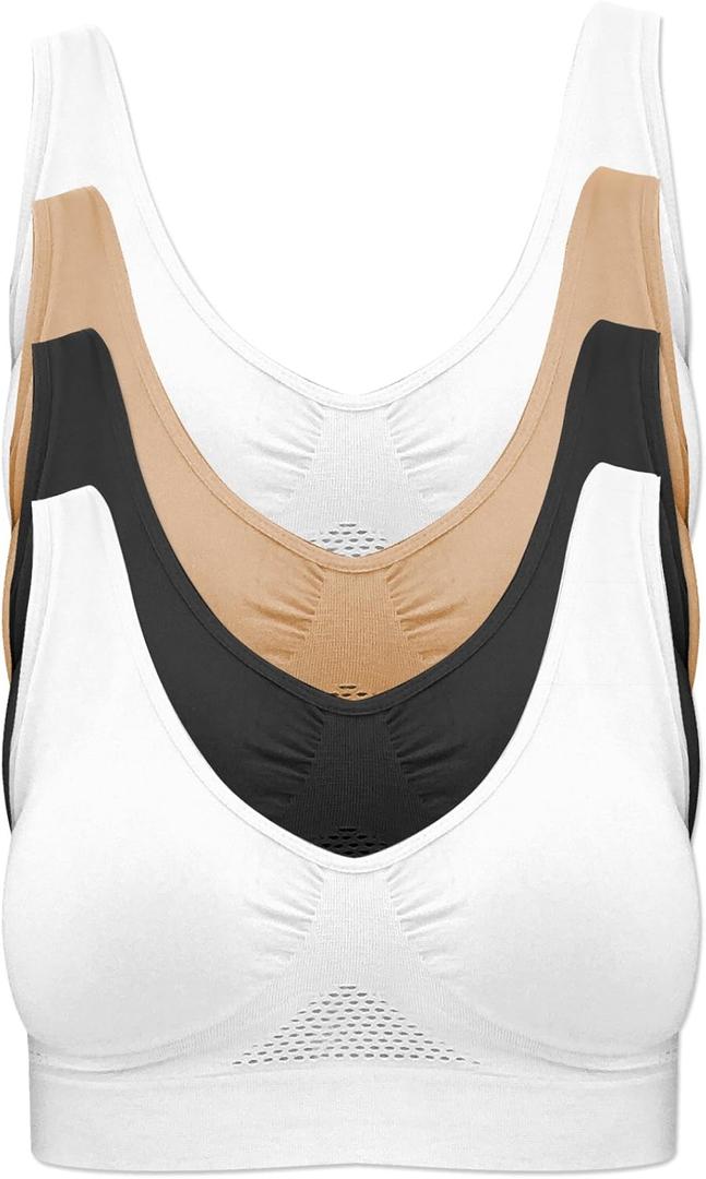 4-Pack Women's Seamless Wireless Cooling Unpadded Comfort Bra (X-Large, 2 Pieces White, 1 Piece Black, 1 Piece Nude)