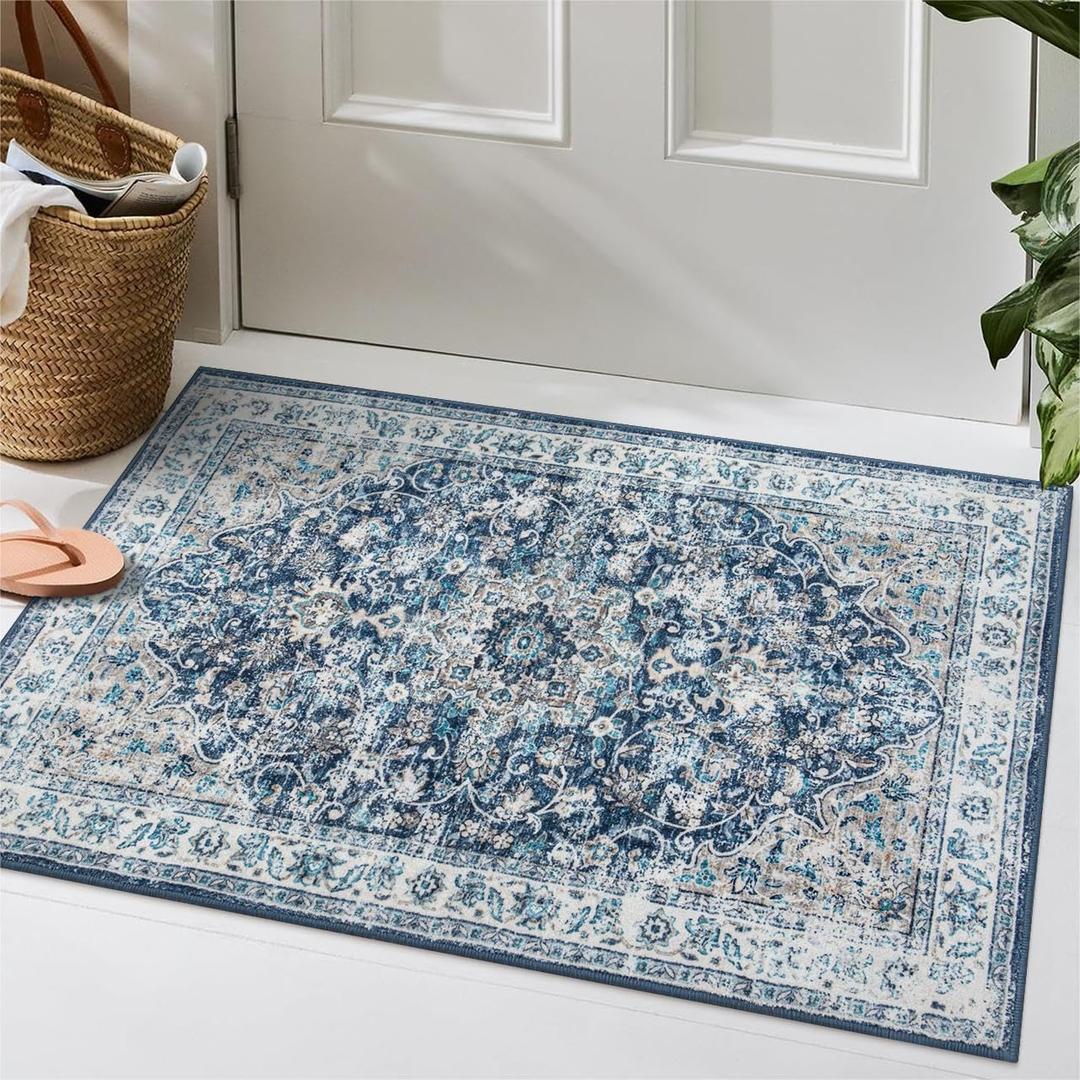 Beeiva Vintage Indoor Rug for Entryway, 2x3 Low Pile Washable Area Rug with Non Slip Backing, Small Entry Door Mat for Insides House, Bathroom, Bedside, Kitchen - Blue
