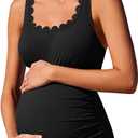 Summer Mae Ribbed Maternity One Piece Swimsuit Scalloped Cut Out Pregnancy Bathing Suit Square Neck (Medium, Black)