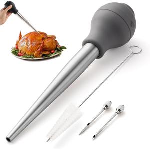 COOK WITH COLOR Turkey Baster with Cleaning Brush - Food Grade Syringe Baster For Cooking, Deluxe Set, Gray