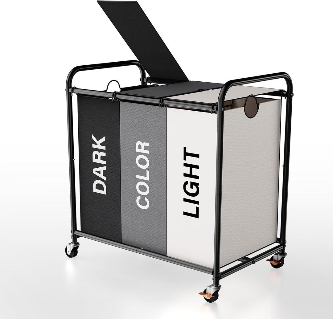 3-Compartment Laundry Cart with Lockable Wheels & Lid 180L Large Wheeled Laundry Basket Heavy-Duty Sorting Organizer for Laundry Room (Multicolor)