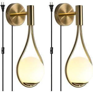 BOKT Modern Glass Wall Lamp Gold Wall Mounted Sconces,Mid-Century Bedroom Bedsides Water Drop Wall Light Home Decoration (Plug in-2Pack)