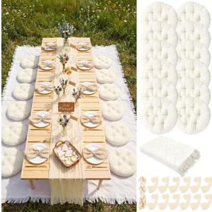Beeveer 71x150'' Extra Large Outdoor Picnic Blanket with Beige Table Runner 12 Napkins and 12 Beige Floor Pillow Cushions for Picnic Party Camping Wedding Bachelorette Birthday Baby Shower Decor