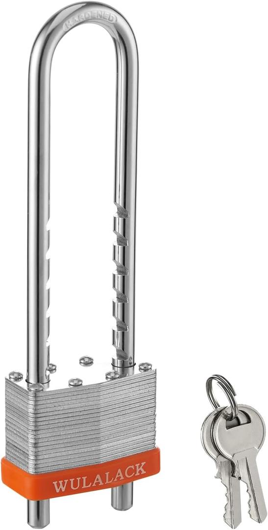 Padlock with Key, WULALACK 2 inch Wide Heavy Duty Laminated Steel Keyed Padlock with Adjustable Shackle, Long Shackle Pad Lock with 2 Keys (1)