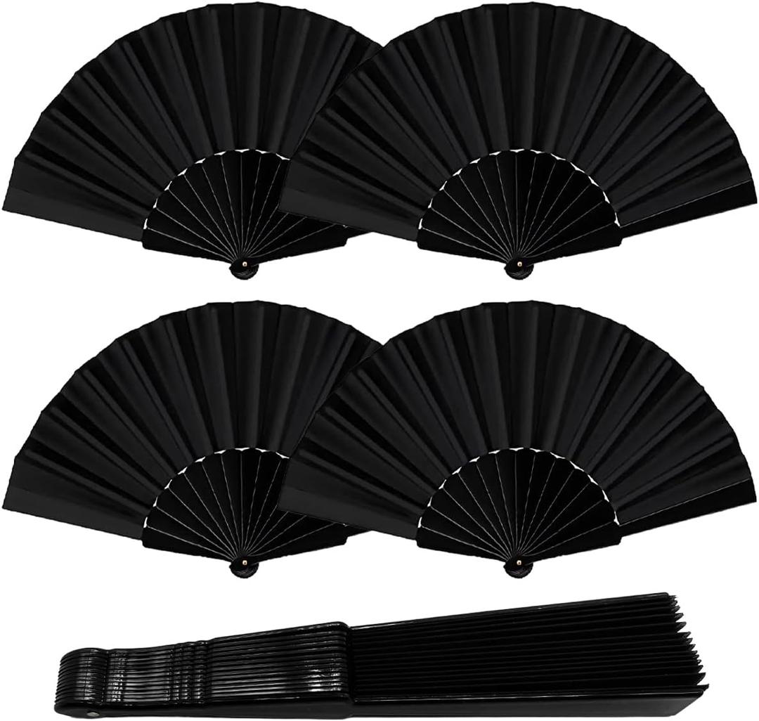 4 Pcs Folding Hand Fan, Silk Fabric Hand Held Fans Vintage Foldable Fan for Women Wedding Favors Baby Shower Party Gift DIY Craft Home Decoration(Black)