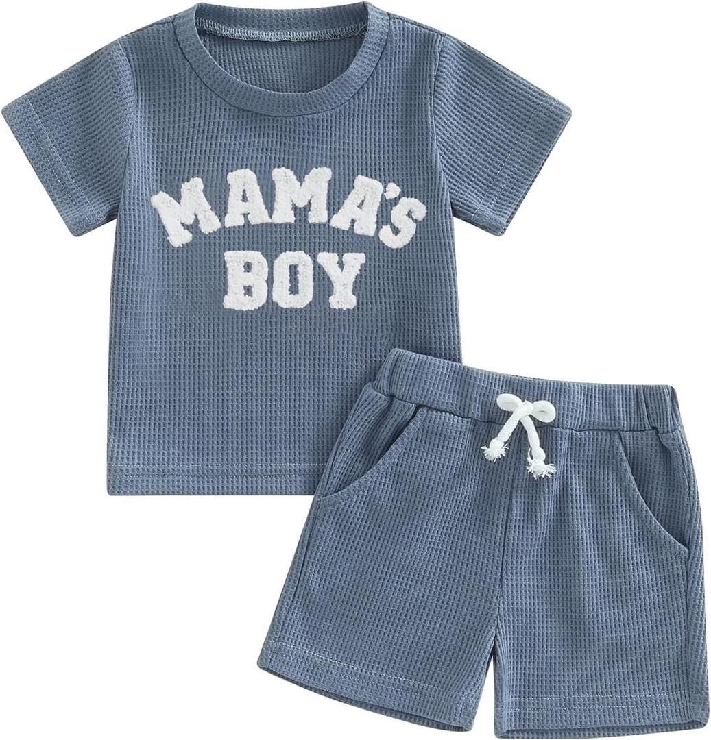 Kupretty Toddler Baby Boy Clothes Summer Embroidery Waffle Knit T-Shirt Tees + Casual Shorts Cute Clothing Set (Blue, S)